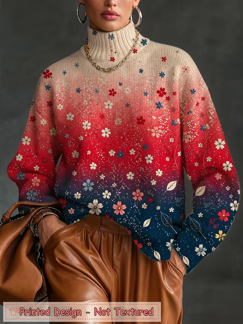 Winter Clothing For Women - Damen-Rollkragen-T-Shirt mit Farbverlauf und Blumenmuster, langärmlig,