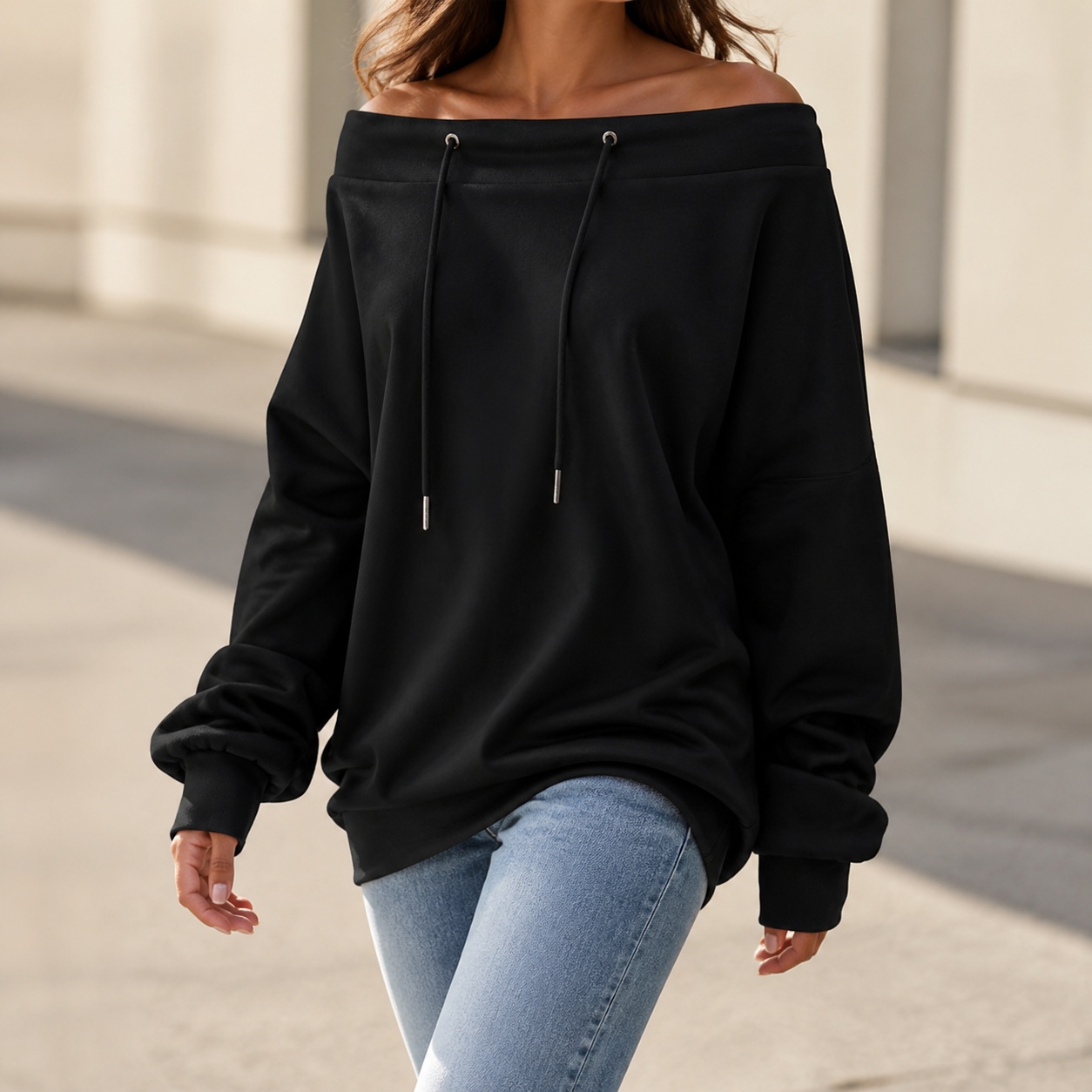Winter Clothing Drawing - Damen Off-Shoulder Sweatshirt mit lockerer Passform,